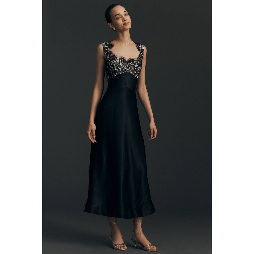 Maeve Dark Romantic Lace Jocelyn Sleeveless Lace Midi Dress XXSP Black Smocked